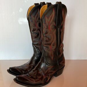 Old Gringo Black Leather Western Heeled Boots with Red & Green Stitching